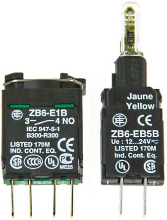 Schneider Electric - ZB6ZB51B - Schneider Electric XB6 系列 接触块和照明块 ZB6ZB51B, 1 常开, 12 → 24 V，12 → 24 V 交流/直流, 黄色 LED, Faston 连接器接端 
