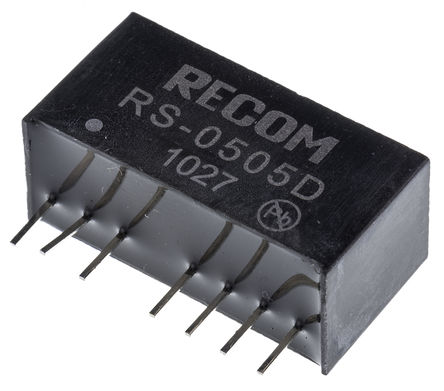 Recom - RS-0505D - Recom RS 系列 2W 隔离式直流-直流转换器 RS-0505D, 4.5 → 9 V 直流输入, ±5V dc输出, ±200mA输出, 500V ac隔离电压, SIP封装 