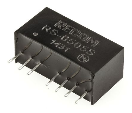 Recom - RS-0505S - Recom RS 系列 2W 隔离式直流-直流转换器 RS-0505S, 4.5 → 9 V 直流输入, 5V dc输出, 400mA输出, 500V ac隔离电压, SIP封装 